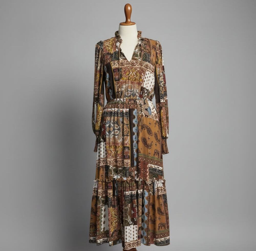 Tahari brown paisley patch print maxi dress, Size S
